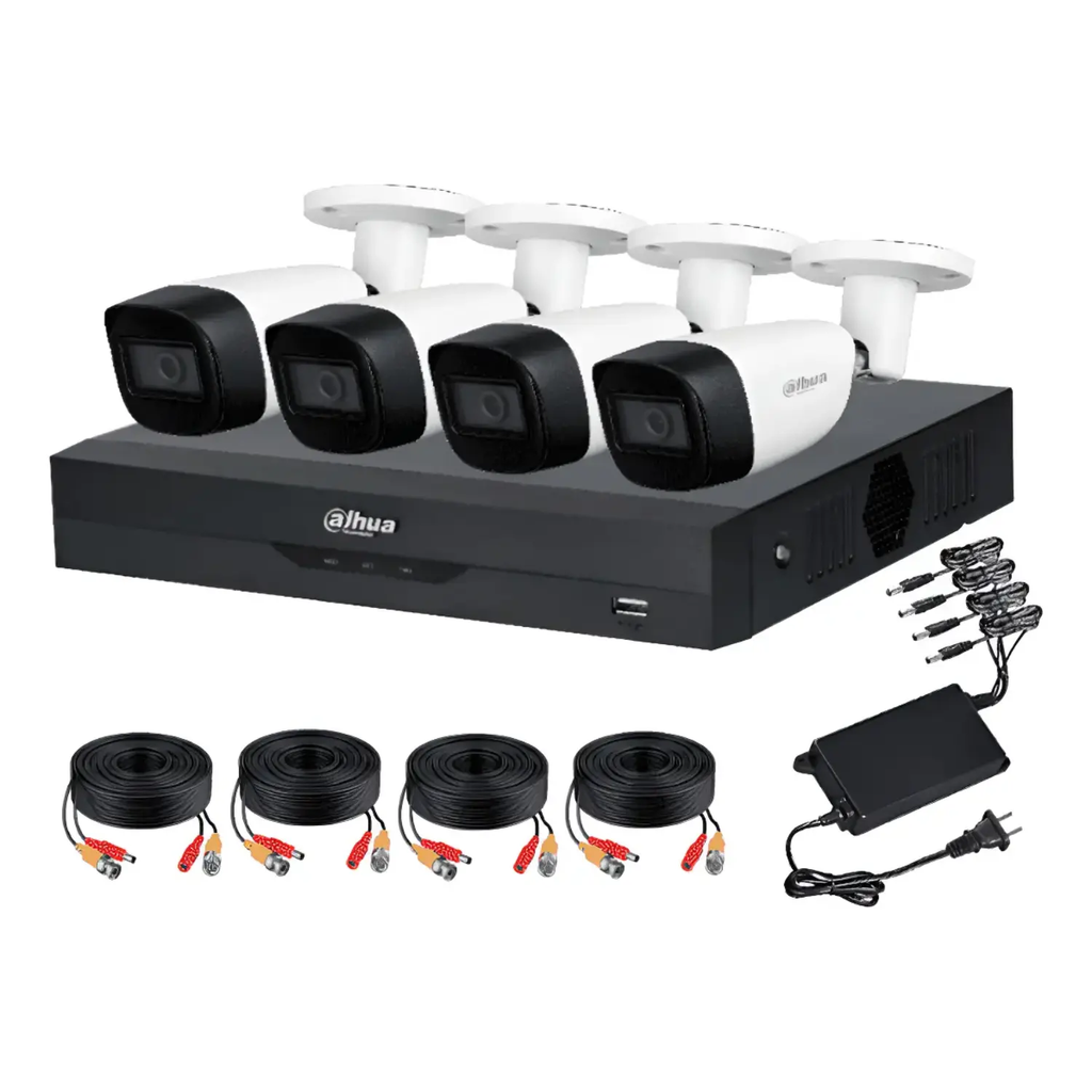 DAHUA KITXVR5104HS4KLI3+4HFW1500CMA- Kit de vigilancia de 4 canales 5 MP con audio y DVR WizSense con reconocimiento facial y H.265+. Soporta 4 canales + 4 IP o hasta 8 IP. Incluye 4 canales SMD Plus para búsqueda de humanos y vehículos