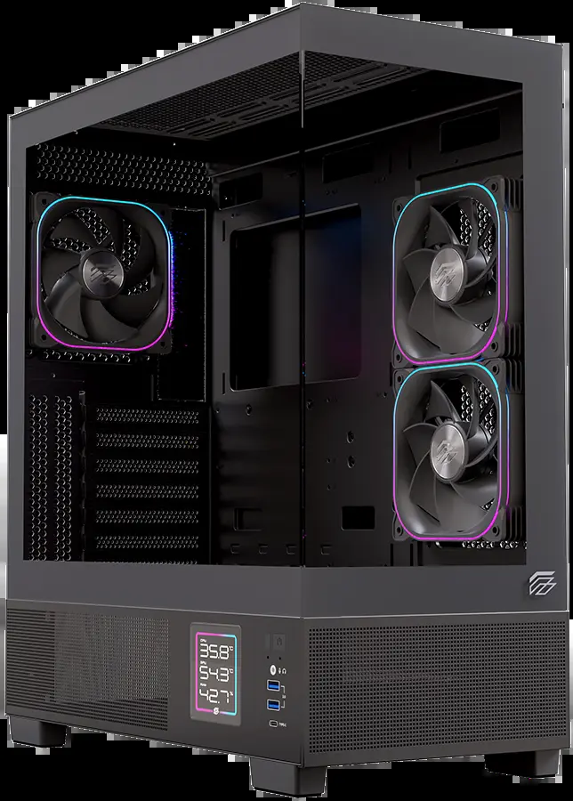 GABINETE EINAREX S501D RGB NEGRO CRISTAL TEMPLADO CON MEDIDOR DE TAMPERARURAS ATX SIN FUENTE 3 FANS INCLUIDOS USB C