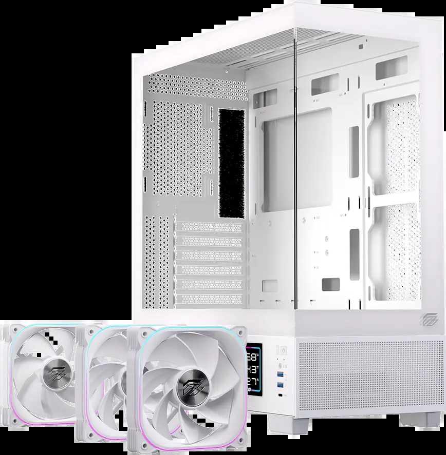 GABINETE EINAREX S501D RGB BLANCO CRISTAL TEMPLADO CON MEDIDOR DE TAMPERARURAS ATX SIN FUENTE 3 FANS INCLUIDOS USB C 