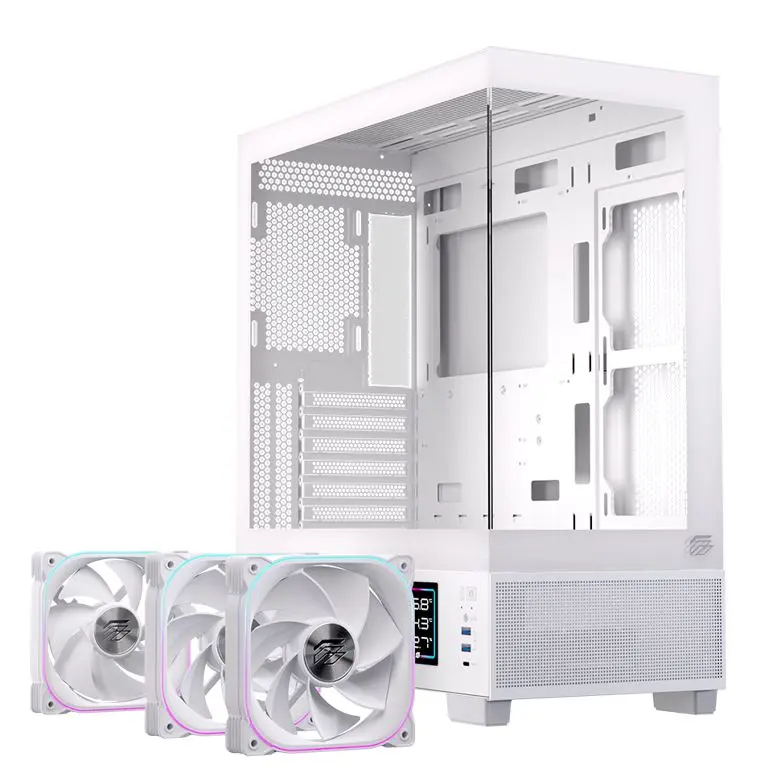 Gabinete EINAREX Prisma S501D White – ATX – Pantalla Digital de Temperatura – Cristal Templado – 3 Fans RGB