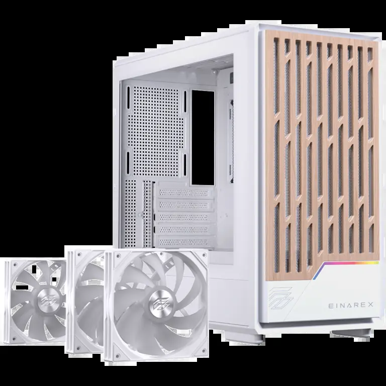 GABINETE EINAREX PM400 RGB BLANCO CRISTAL TEMPLADO CON BAMBOO MATX SIN FUENTE 3 FANS INCLUIDOS USB C 