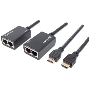 Manhattan 1080p HDMI over Ethernet Extender with Integrated Cables, Distances up to 30m with 2x Cat5e or Cat6 Ethernet Cables (not included), Black, Three Year Warranty, Blister