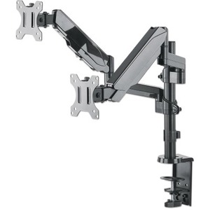 Manhattan TV & Monitor Mount, Desk, Full Motion (Gas Spring), 2 screens, Screen Sizes: 10-27" , Black, Clamp or Grommet Assembly, Dual Screen, VESA 75x75 to 100x100mm, Max 8kg (each), Lifetime Warranty
