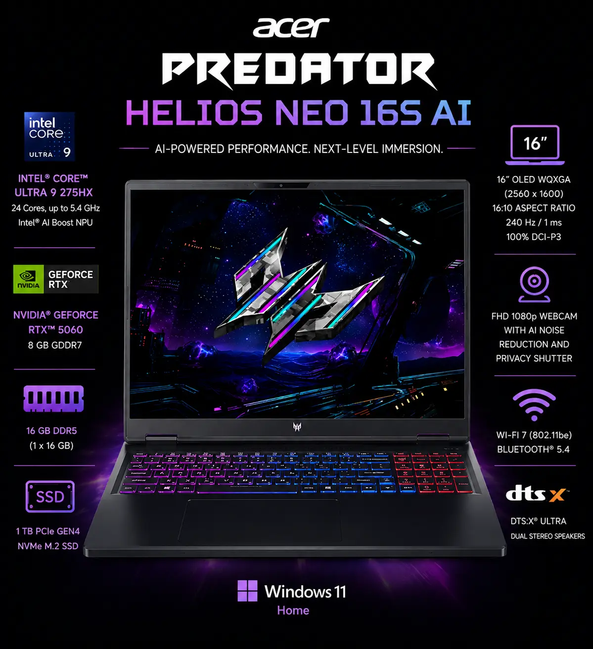 Acer Predator Helios Neo 16S Core Ultra 9 RTX 5060 16GB 1TB 240Hz