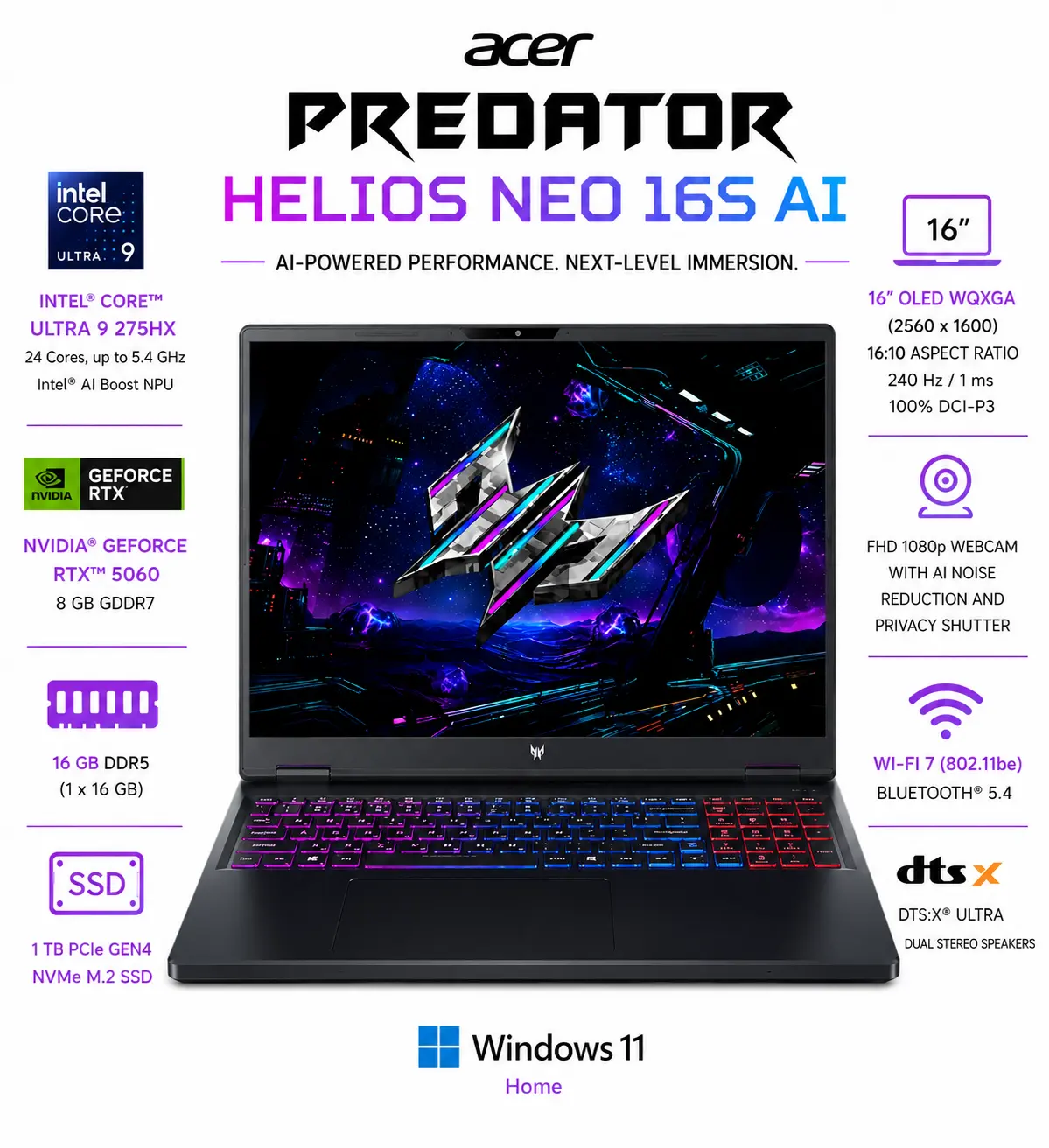 Acer - Predator Helios Neo 16S AI Gaming Laptop - 16" OLED 240Hz - Intel Core Ultra 9 - NVIDIA GeForce RTX 5070Ti  - 16GB - 1TB - Obsidian Black
