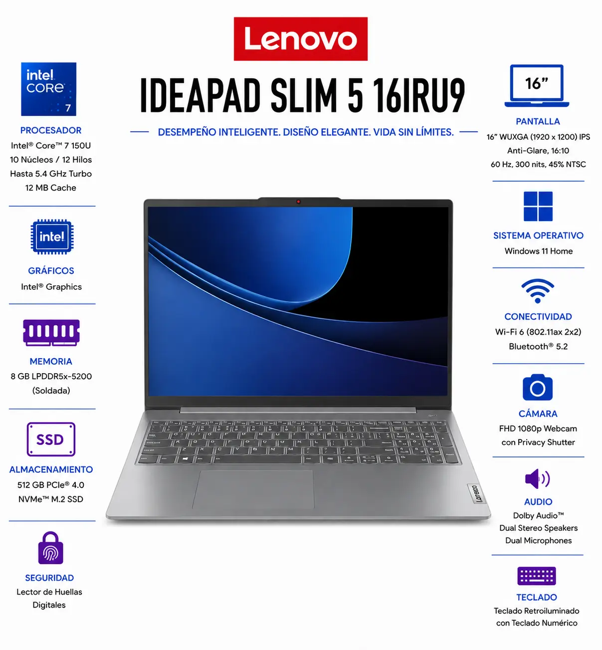 Lenovo IdeaPad Slim 5 16IRU9 - 16" WUXGA - Intel Core 7 150U - 8 GB - 512 GB SSD - Gris