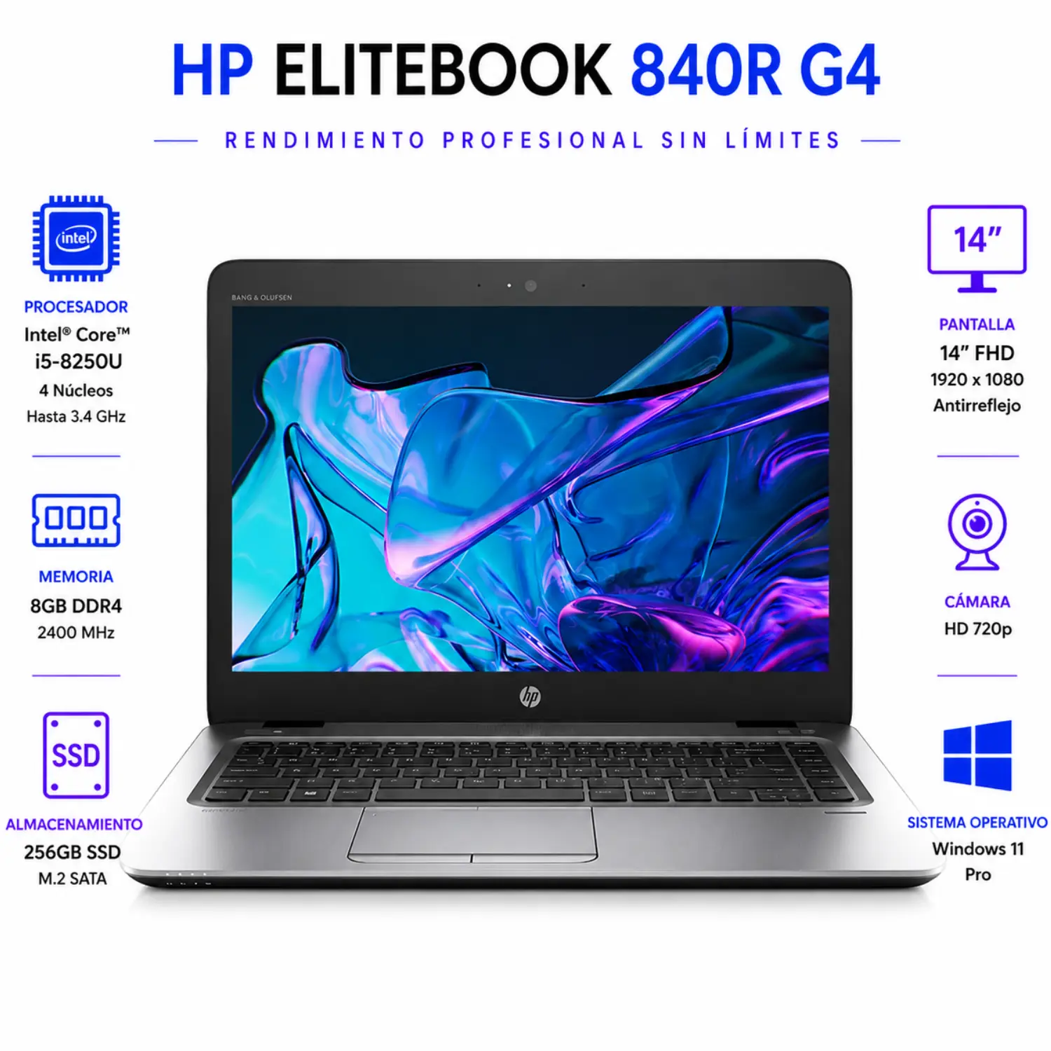 [840RG4-I5-8-256/RFB] Reacondicionado-HP EliteBook 840r G4 14" i5-8250U 8GB RAM 256GB SSD Win11 Pro 