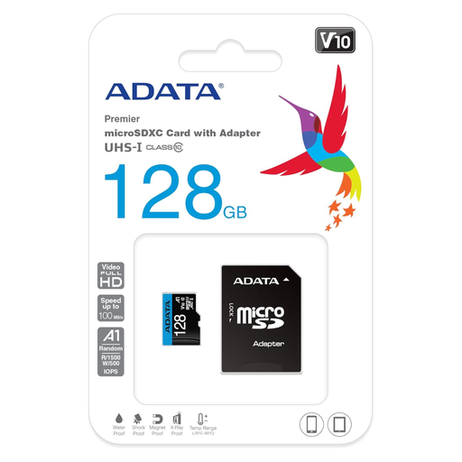 ADATA 128 GB Tarjeta de Memoria Micro SDXC con Adaptador Color Negro con Azul A1 (Clase 10)