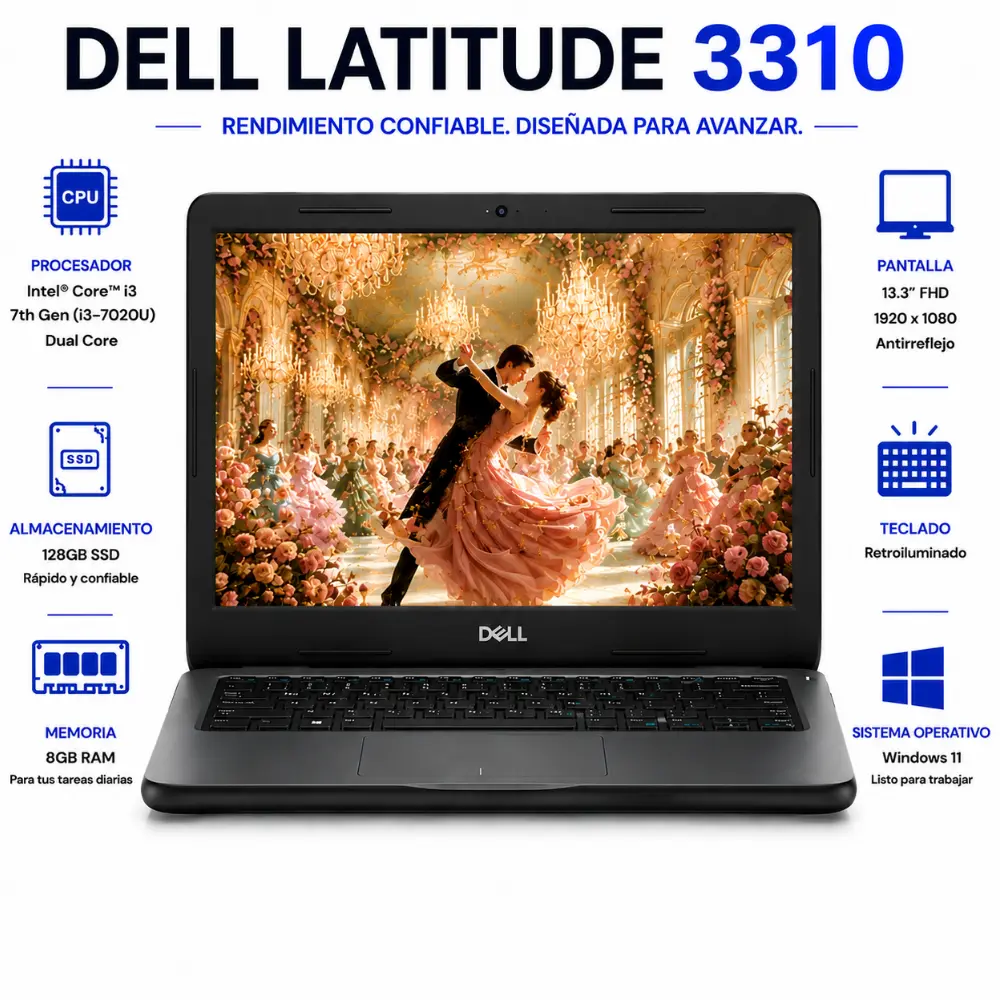 [DE3310-I3-8-128-ES/RFB] Refurbished - Dell Latitude 3310 intel Core i3-8145U @ 2.10GHz 8GB Ram 128GB SSD ENGLISH/SPANISH Keyboard Windows 11 Pro *Grade A*
