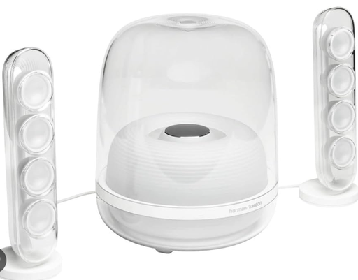 [HKSOUNDSTICK4WHTAM-GRB/RFB] Refurbished Harman Kardon HK SoundSticks 4-2.1 Bluetooth Speaker System with Deep Bass and Inspiring Industrial Design (White) Grado B