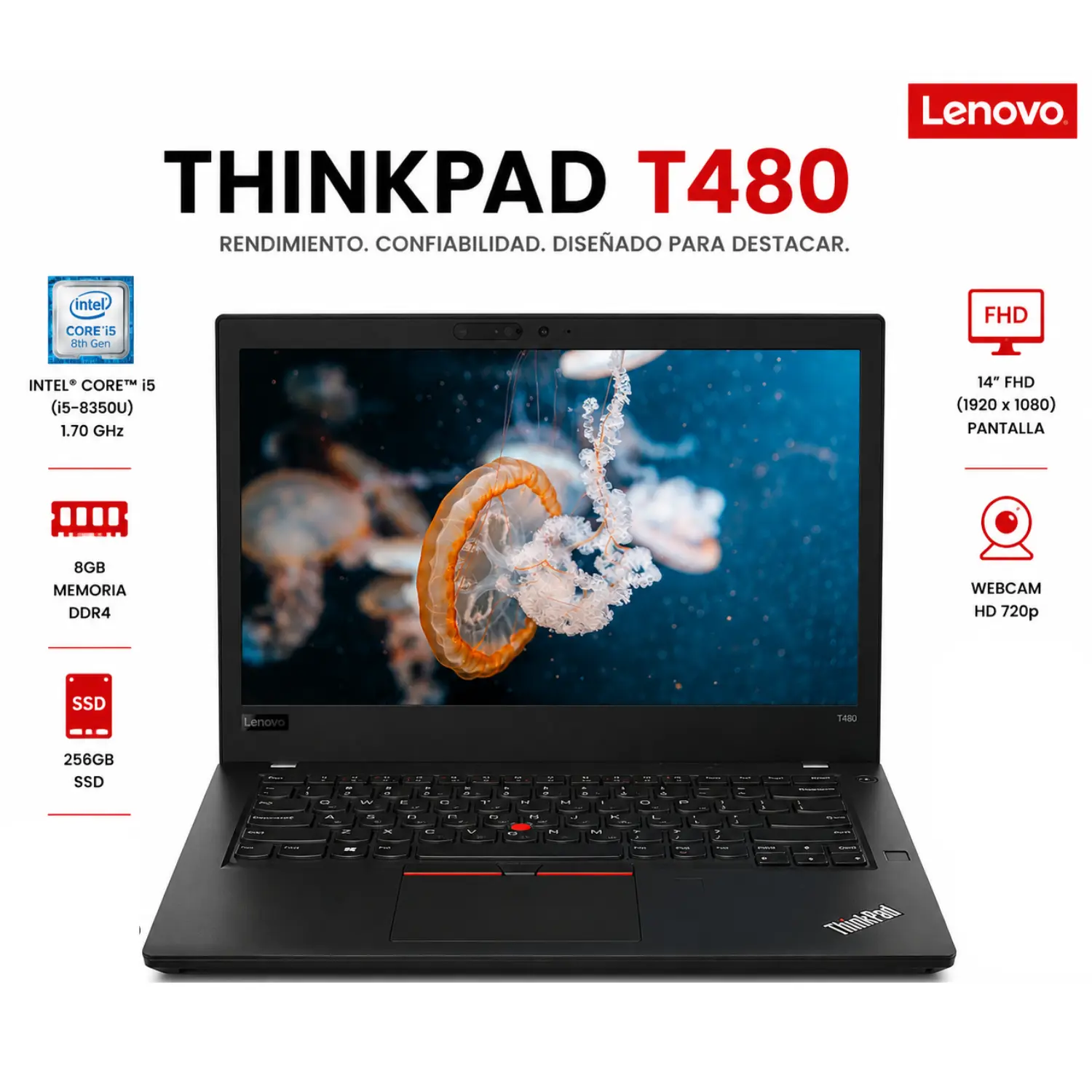 [T480-I5-8TH-8-256-A/RFB] Lenovo ThinkPad T480 14" FHD i5-8350U 8GB 256GB SSD Win11 Pro