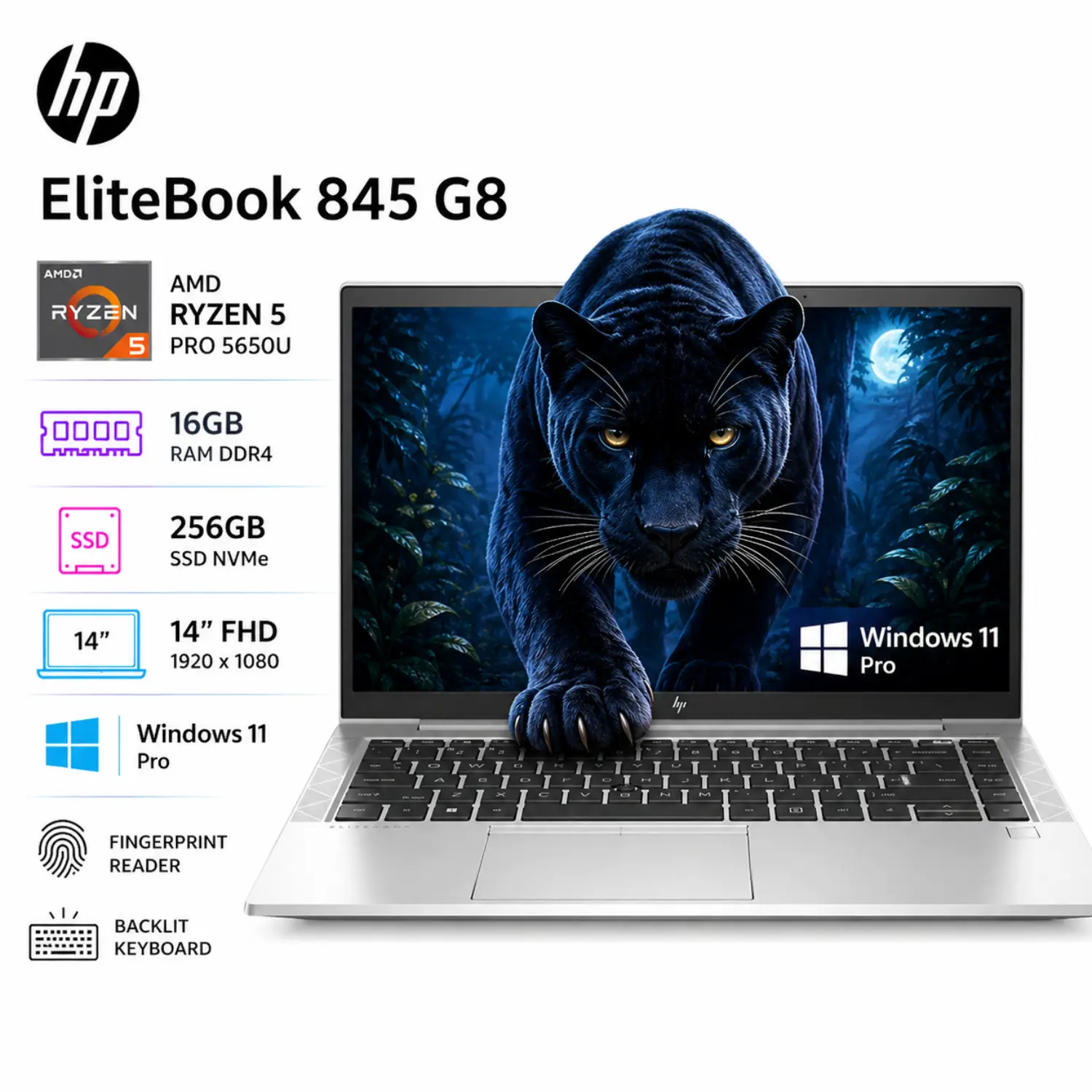 [845G8-R5-16-256-B/RFB] Laptop HP EliteBook 845 G8 (Reacondicionada) - Ryzen 5 PRO, 16GB RAM, 256GB SSD, 14" FHD, Windows 11 Pro, Pike Silver