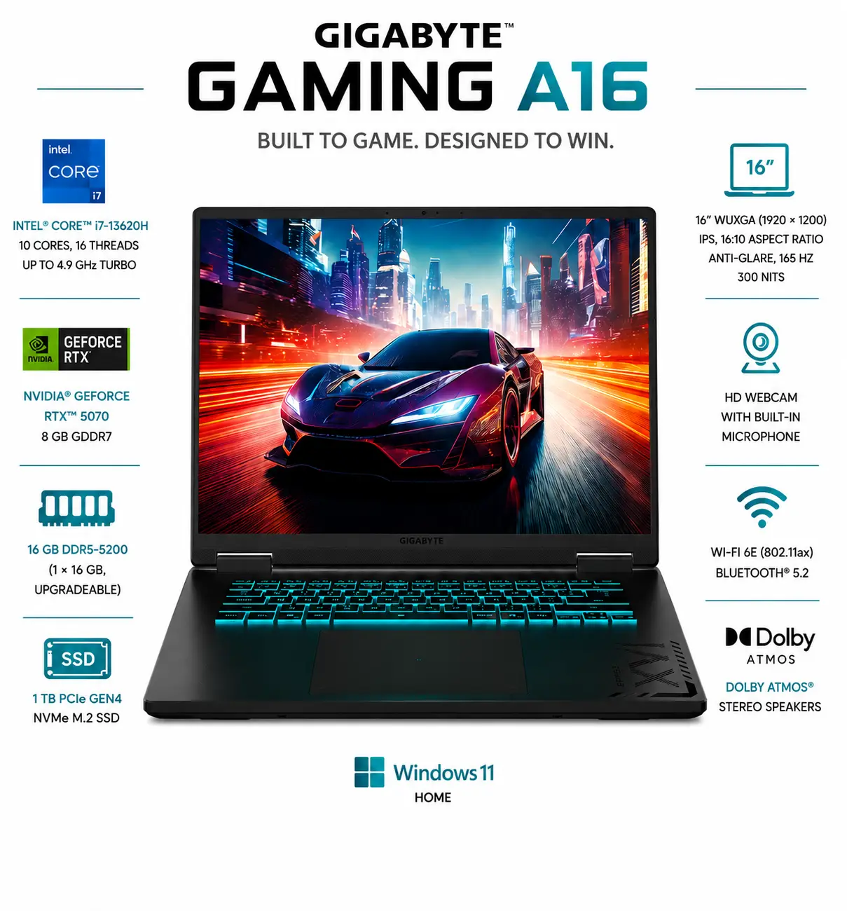 [CWHI3US894SH/NEW] GIGABYTE - GAMING A16 - 16" 165Hz WUXGA Intel Core i7-13620H 16GB RAM - 1TB SSD - GeForce RTX 5060 - Black Steel