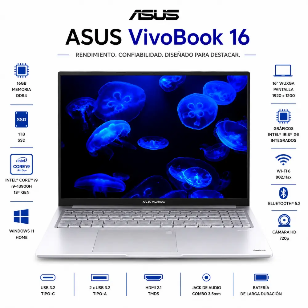 [F1605VA-WS96/NEW] ASUS VivoBook 16" WUXGA Intel Core i9-13900H 16GB 1TB SSD Windows 11 Cool Silver