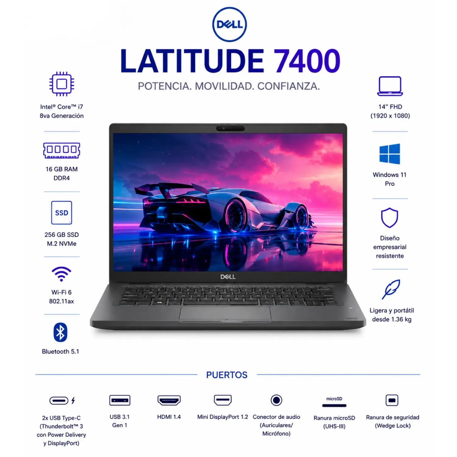 [DE7400-I7-8TH-16-256-A/RFB] Dell Latitude 7400 14" FHD Intel Core i7 16GB RAM 256GB SSD Windows 11 (Reacondicionado) 