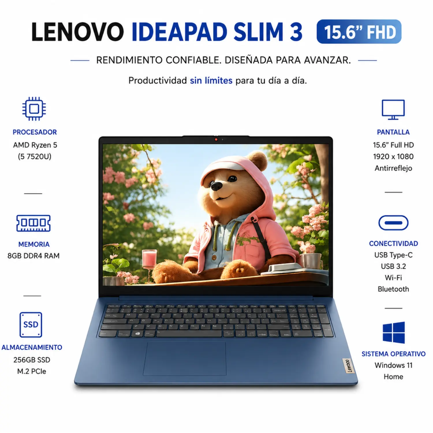 [82XQ012GUS/NEW] Lenovo - IdeaPad Slim 3 15.6" Full HD Laptop - AMD Ryzen 5 40 2025 - 8GB Memory- 256GB SSD - Abyss Blue