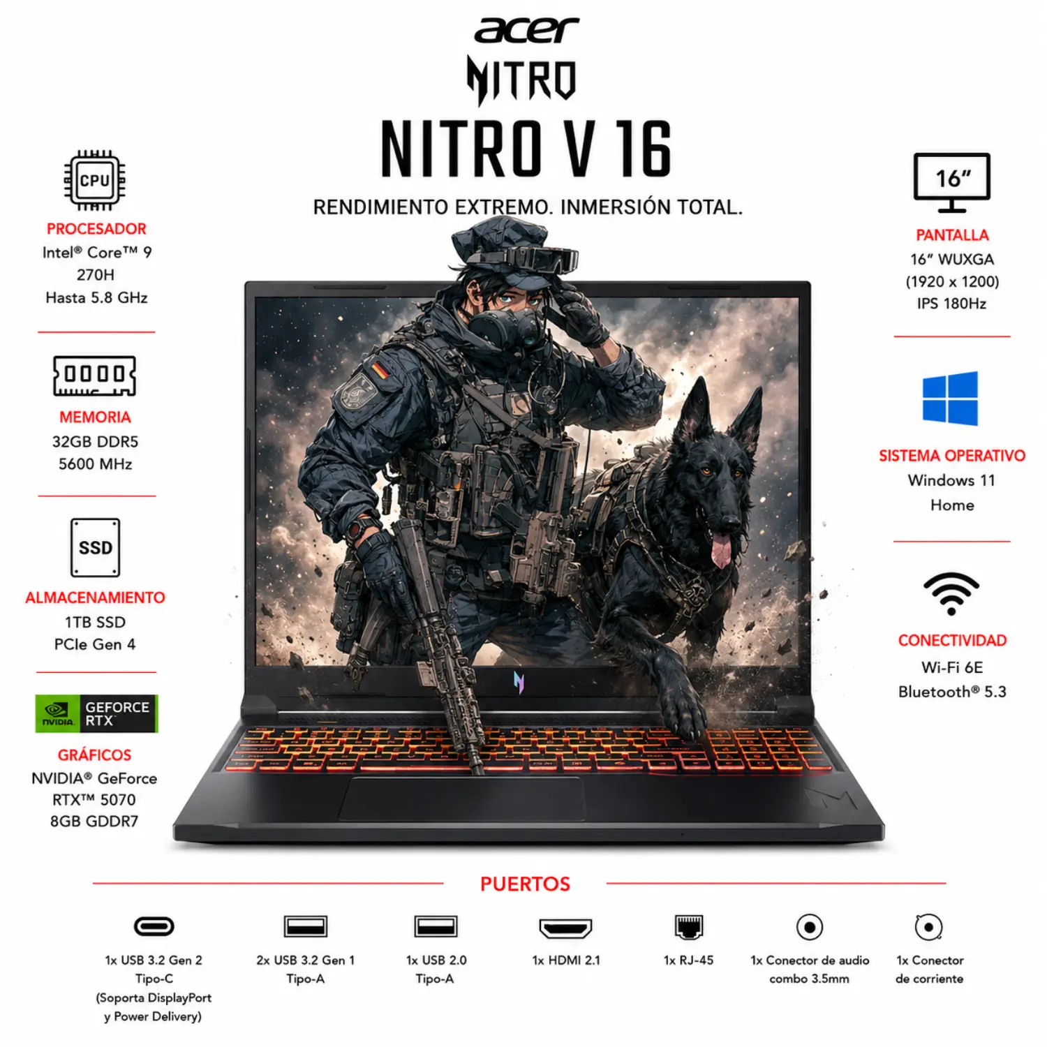 [NH.U2FAA.003/NEW] Laptop Gamer Acer Nitro V 16 ANV16-72 Core 9 32GB RAM 1TB SSD RTX 5070 8GB WUXGA 180Hz Windows 11