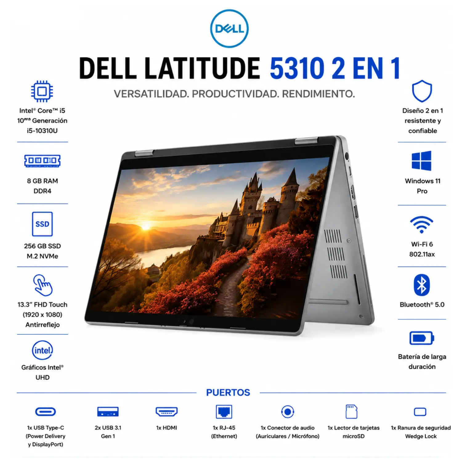 [DE5310-2IN1-I5-8-256/RFB] Laptop Dell Latitude 5310 2 en 1 Touch 13.3 FHD Intel Core i5 8GB RAM 256GB SSD Windows 11