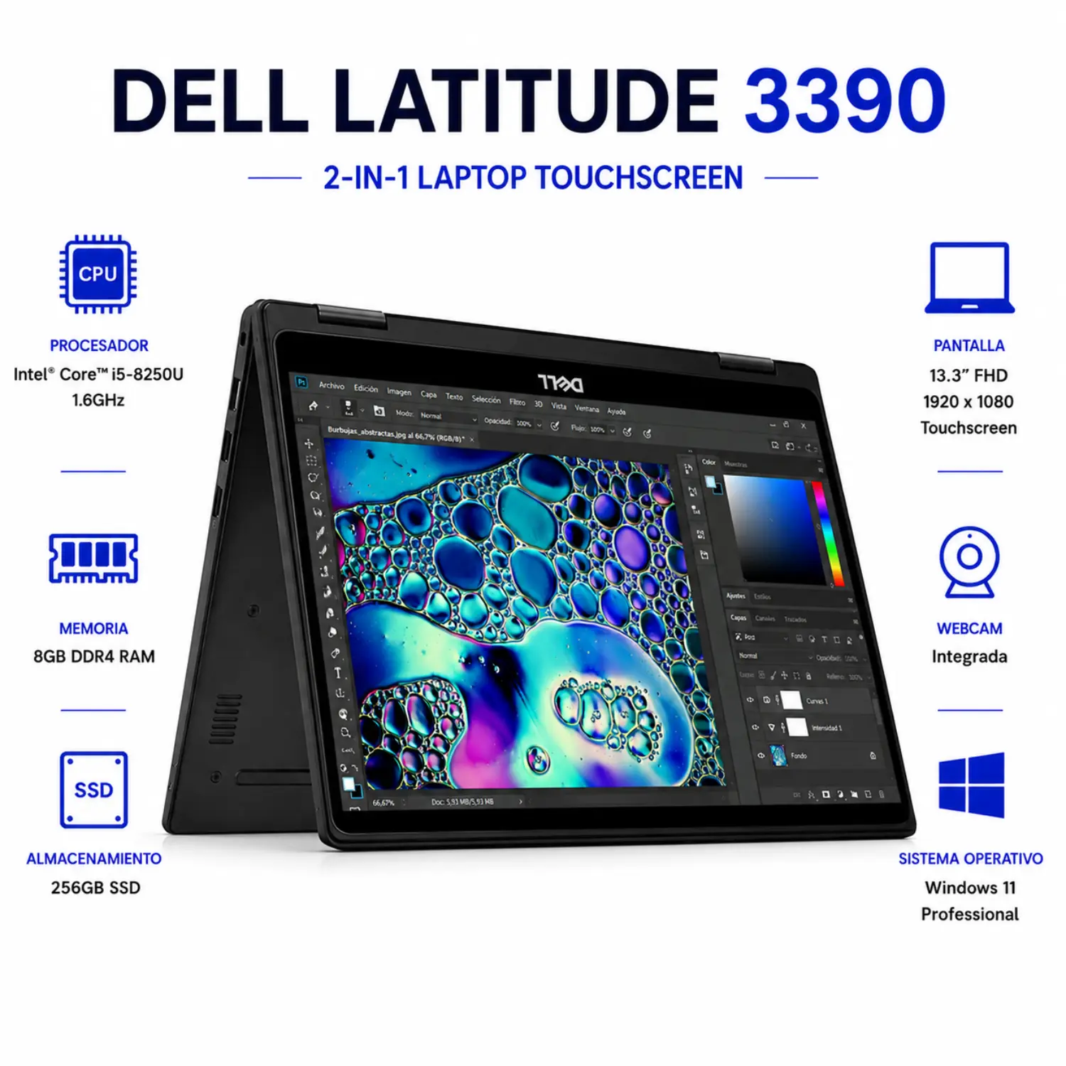 [DE3390 2in1-I5-8-256-ES/RFB] Dell Latitude 3390 13.3" 2 en 1 Intel Core i5 8GB RAM 256GB SSD Windows 11 (Reacondicionado) 