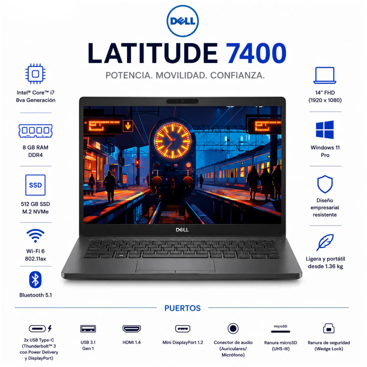 [DE7400-I7-8-512-ES/RFB] Dell Latitude 7400 14" FHD Intel Core i7 8GB RAM 512GB SSD Windows 11 (Reacondicionado) 