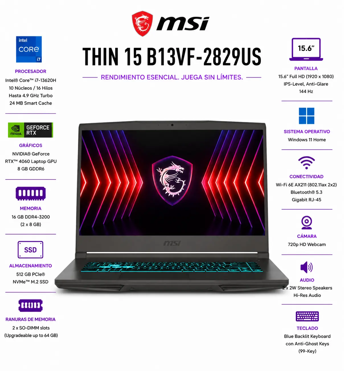 [THIN15132829/NEW] MSI Thin 15.6" FHD - Intel Core i5-13420H - NVIDIA GeForce RTX 4060 - 16GB - 512GB SSD - Gray